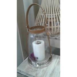 Lanterne verre bombé anse simili cuir